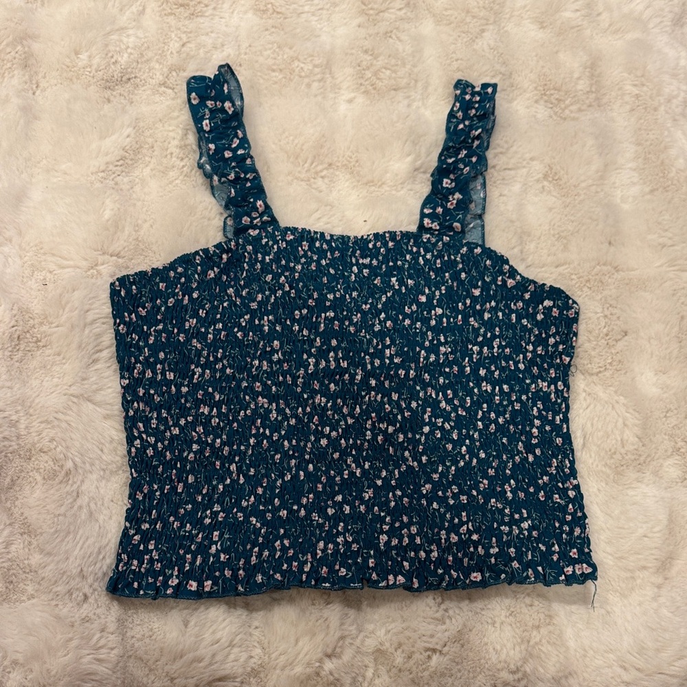 SHEIN Teal Floral Smocked Crop Top with Ruffled Straps